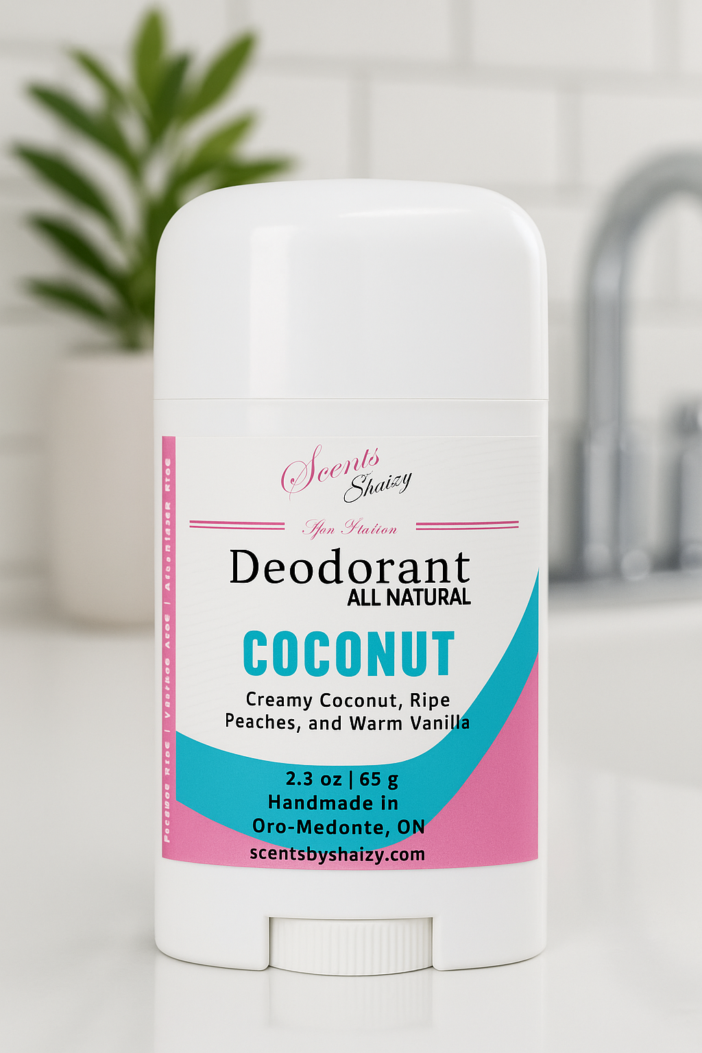 All-natural coconut deodorant on a bathroom counter with a plant and faucet in the background.