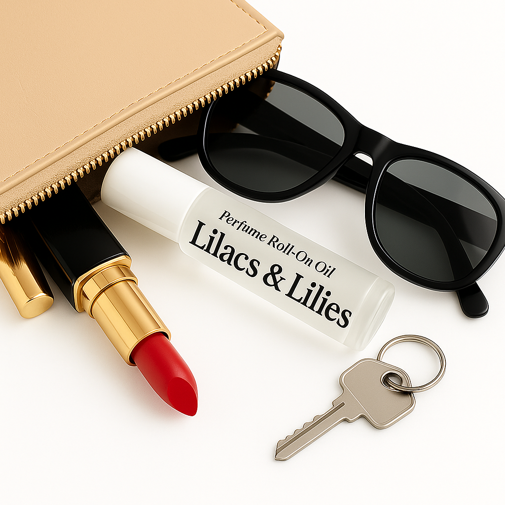 Perfume roll-on oil labeled 'Lilacs & Lilies' with a red lipstick, black sunglasses, and a key on a white background.