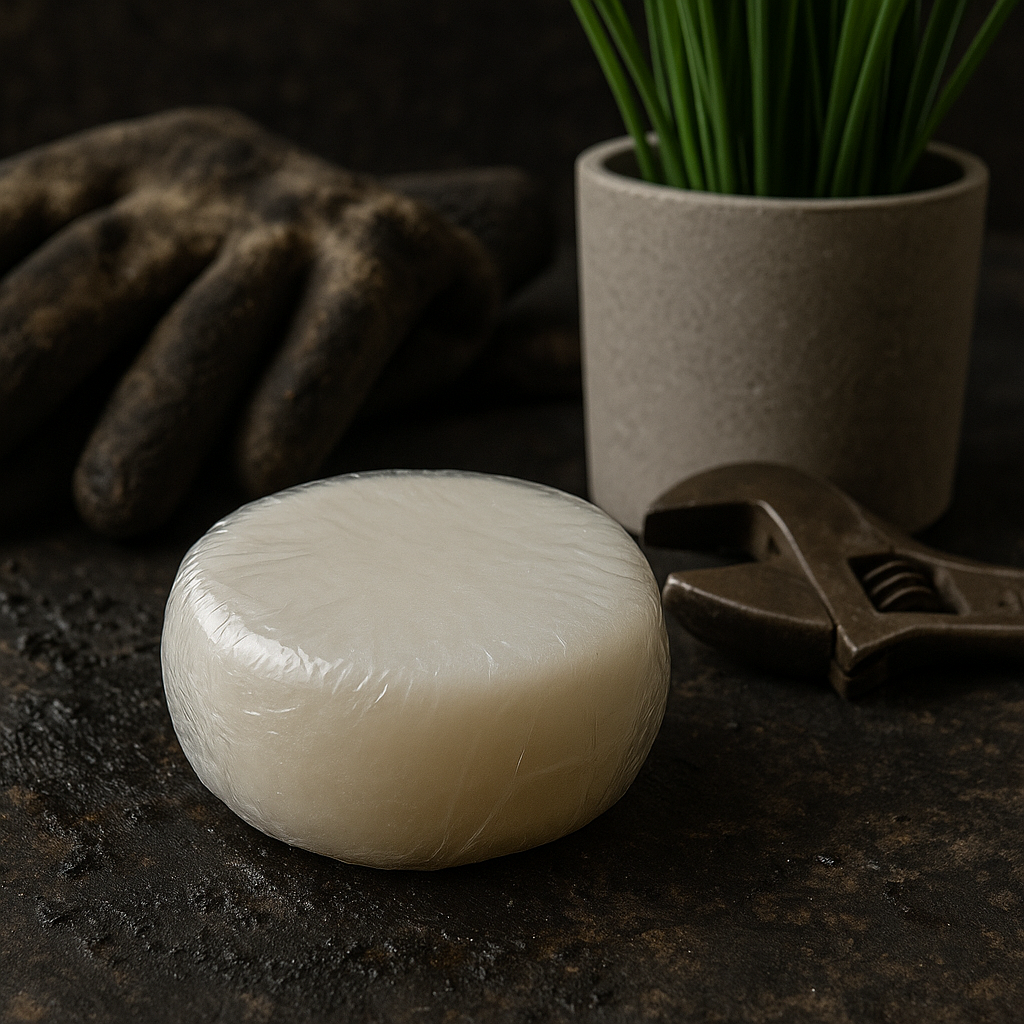 Bar of soap on a dark surface with a glove, wrench, and plant in the background