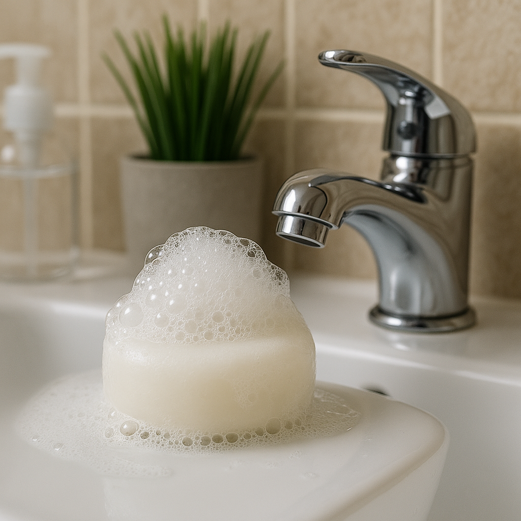 Foamy soap bar on a sink with a running faucet in a bathroom setting