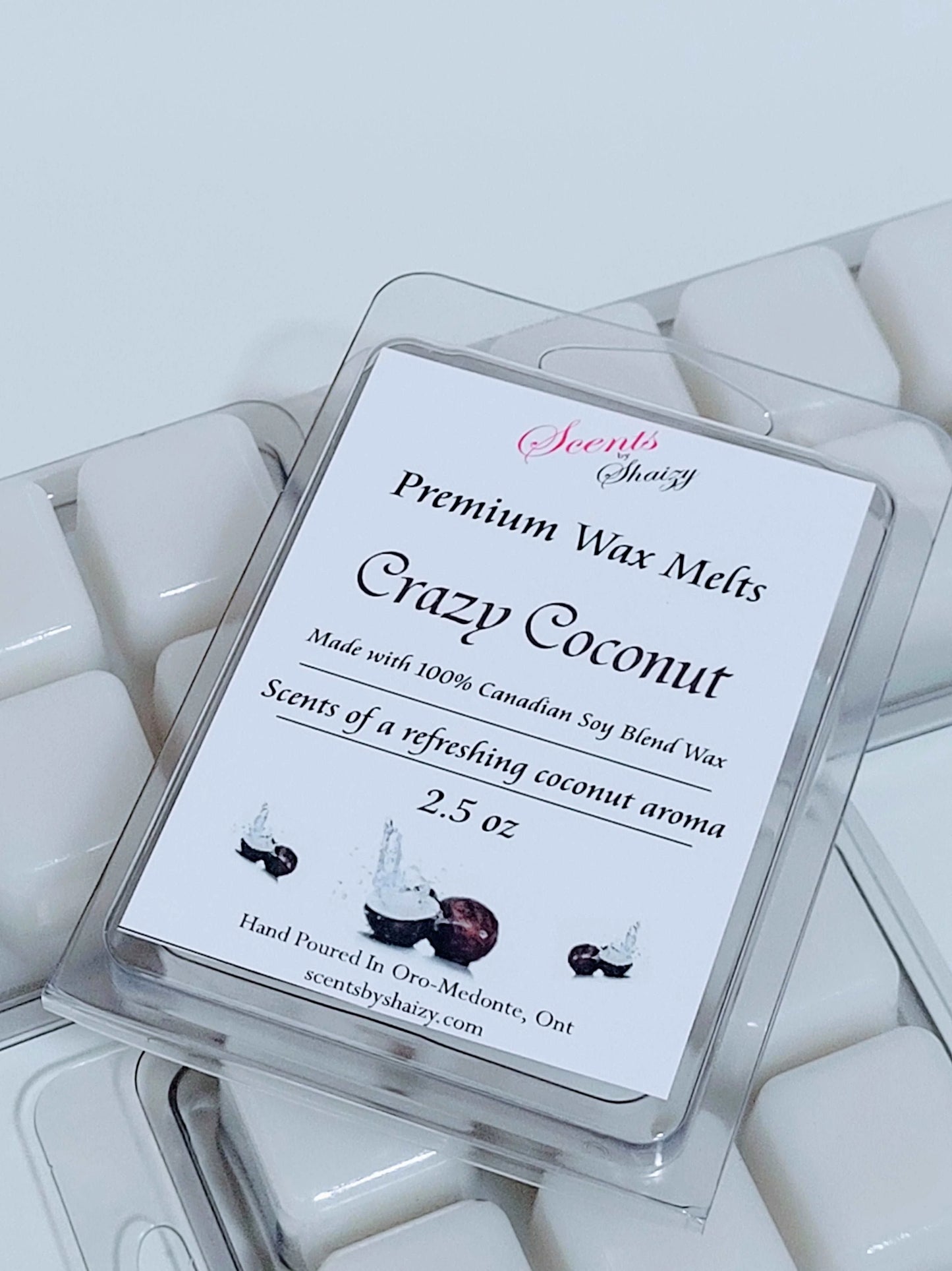 Crazy Coconut wax melt product - creamy coconut warm vanilla scent - handcrafted Canadian soy blend wax melts