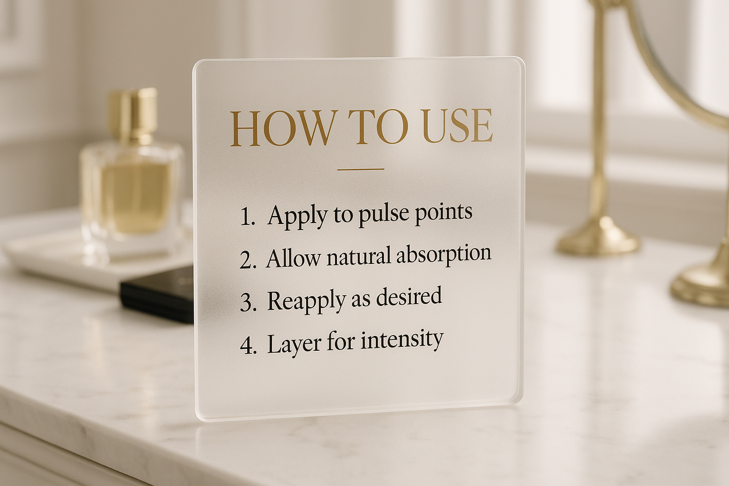 Glass-style How to Use card on makeup vanity
