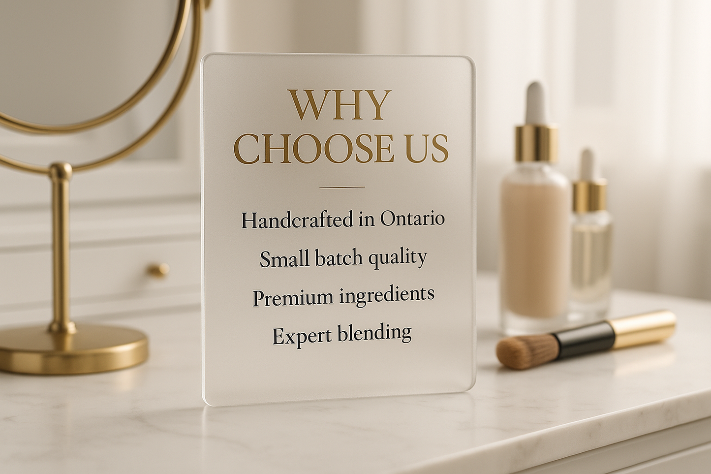 Glass-style Why Choose Us card on makeup vanity