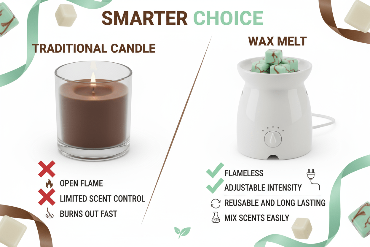 Why wax melts win - Chocolate Mint flameless fragrance benefits - safer than candles Canadian premium wax