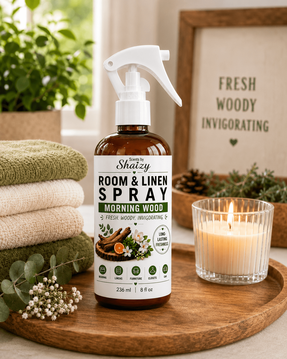 Morning Wood Room & Linen Spray – Sandalwood & Vanilla - Scents By Shaizy