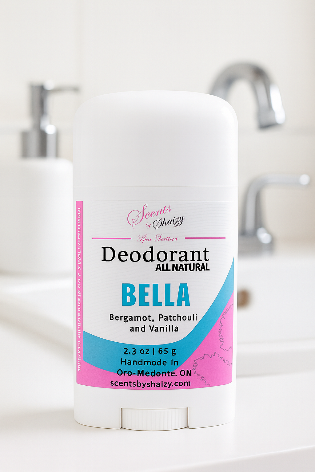 All-natural deodorant labeled 'Bella' on a bathroom counter.