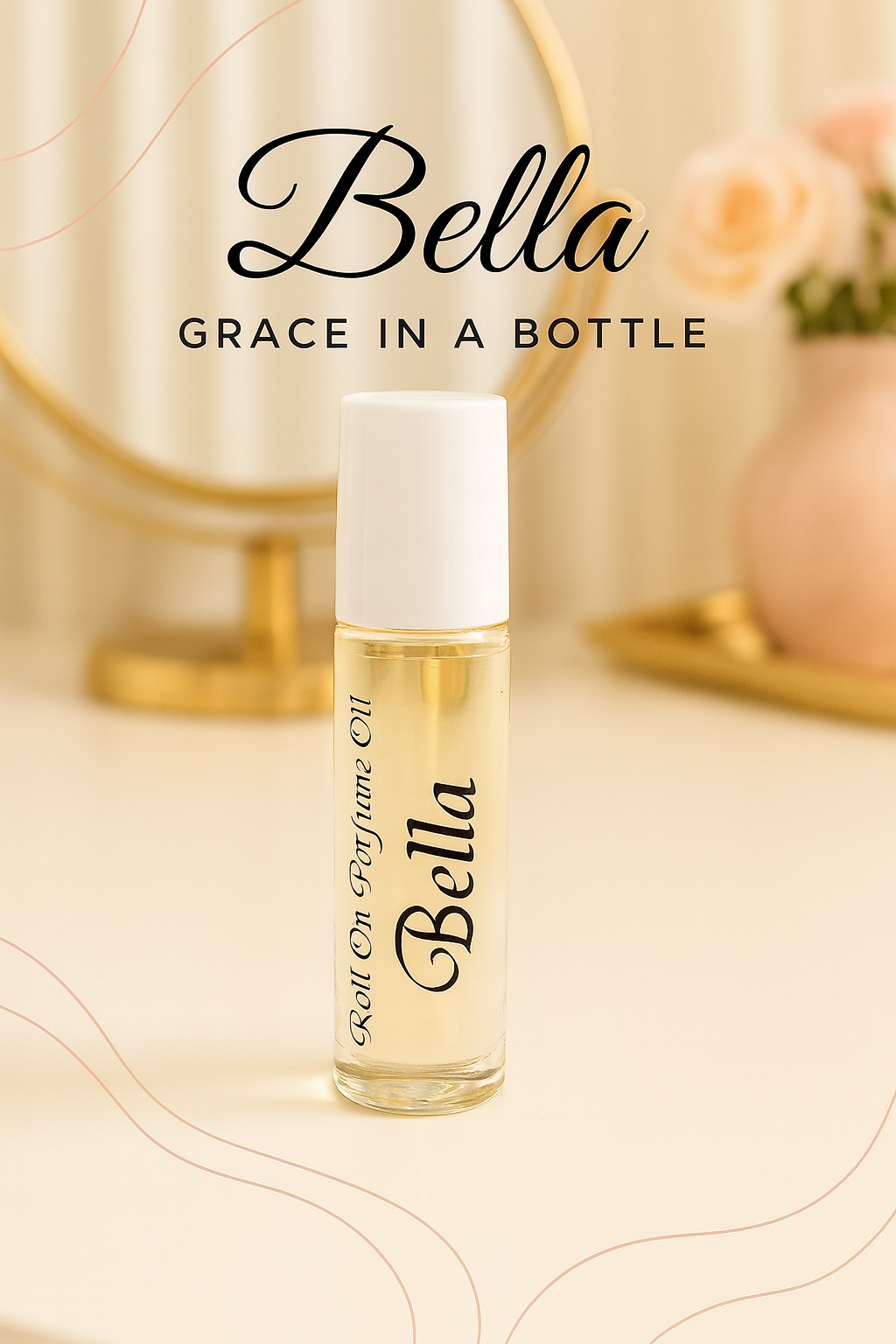 Bella roll-on bottle of perfume on a light background with decorative elements.