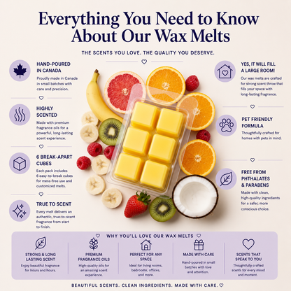 Wax melts packaging with fruit slices and product details on a white background