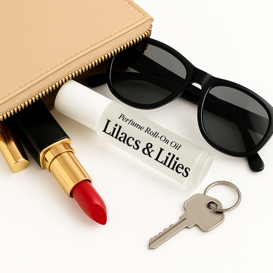 Perfume roll-on oil labeled 'Lilacs & Lilies' with a red lipstick, black sunglasses, and a key on a white background.