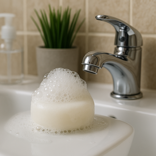 Foamy soap bar on a sink with a running faucet in a bathroom setting