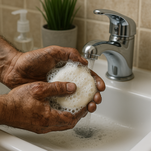 Person washing a sponge under running water in a sink with a plant and soap dispenser in the background.