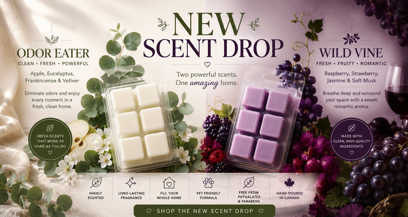 Promotional image of two wax melt packages with scents 'Odor Eater' and 'Wild Vine', surrounded by floral and fruit elements.