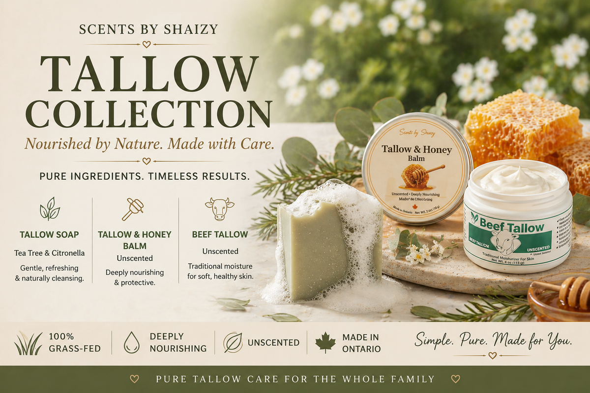 Scents by Shaizy Tallow Collection with tallow soap, balm, and honey on a wooden surface with flowers in the background.