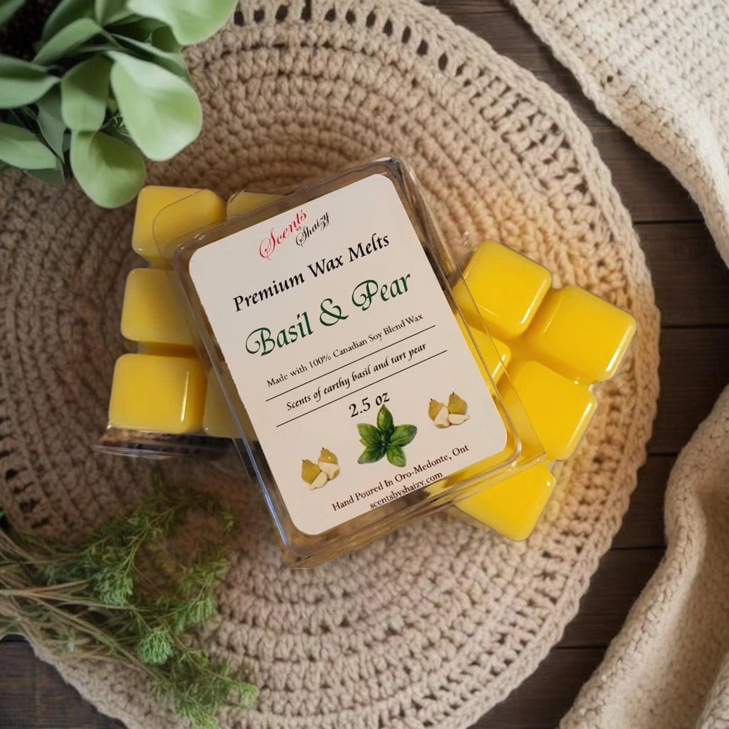 Basil and Pear wax melt product - fresh herbal pear scent - handcrafted Canadian soy blend wax melts