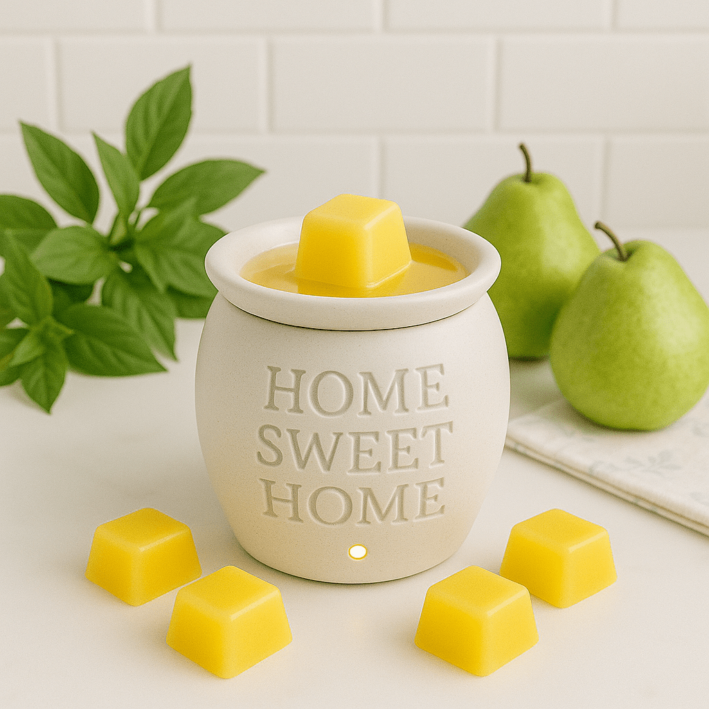 Premium Basil and Pear wax melt - fresh herbal fruit scent - strongest scent throw handcrafted Canadian soy blend wax melts Ontario