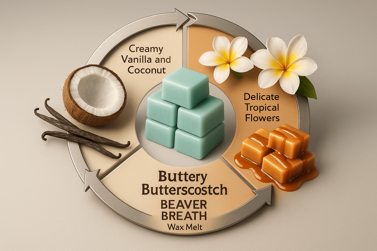 Beaver Breath scent profile - creamy vanilla coconut exotic flowers butterscotch fragrance notes - luxury artisan sweet wax melts Canada