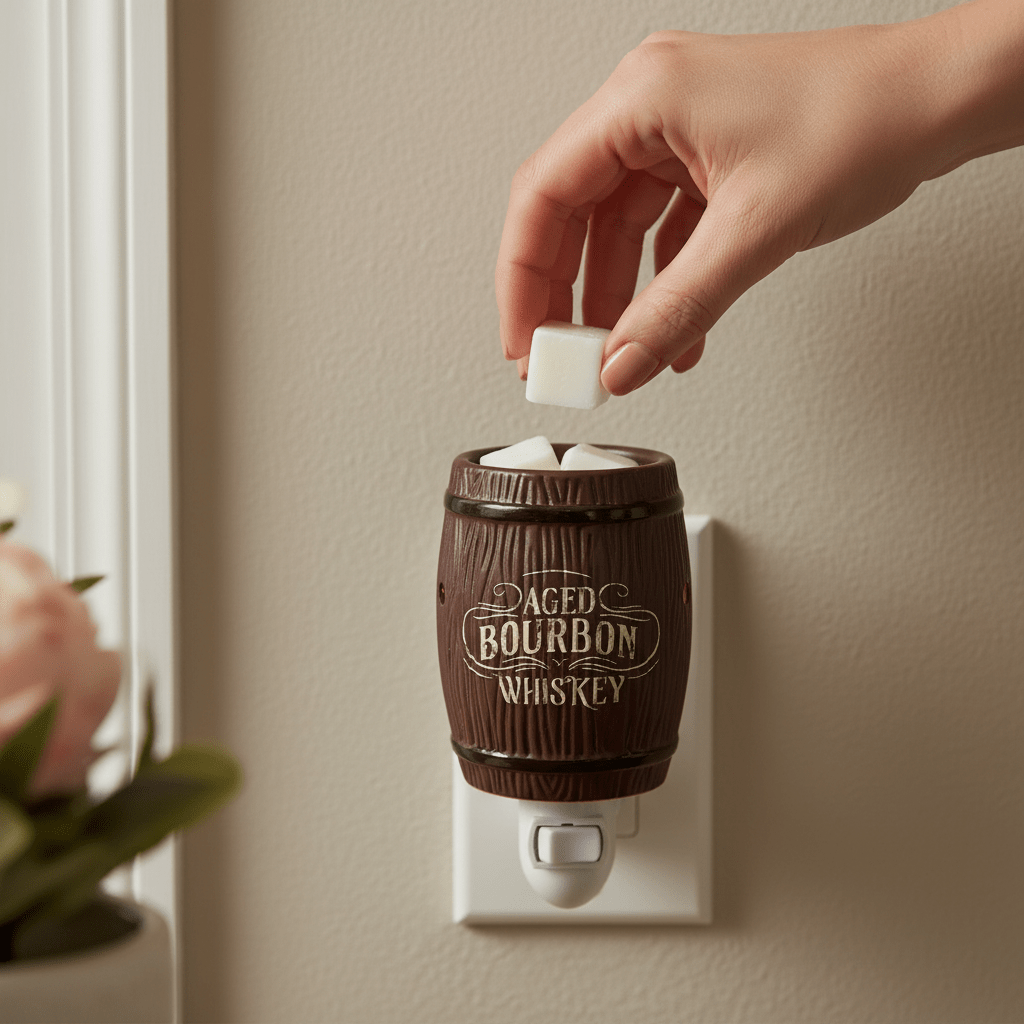 Vintage Bourbon Barrel Warmer Glowing with Wax Melts