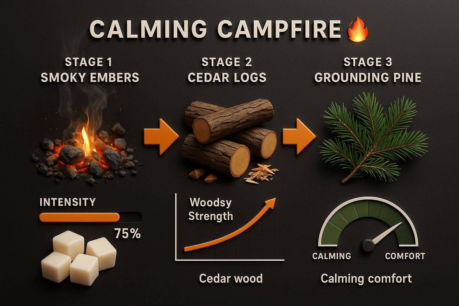 Calming Campfire scent profile - smoky embers cedar logs pine fragrance notes - luxury artisan woodsy wax melts Canada