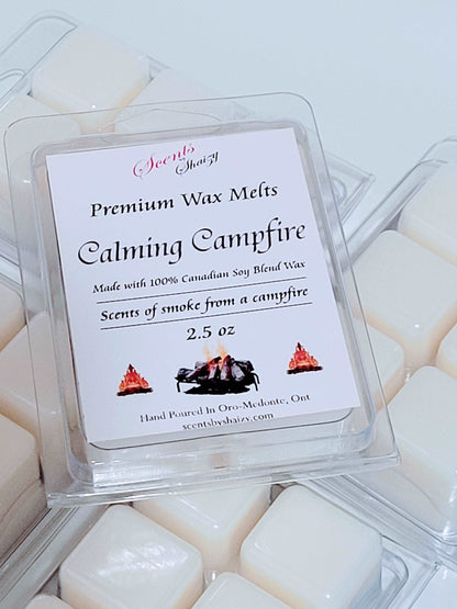 Calming Campfire wax melt product - smoky cedar pine forest scent - handcrafted Canadian soy blend wax melts