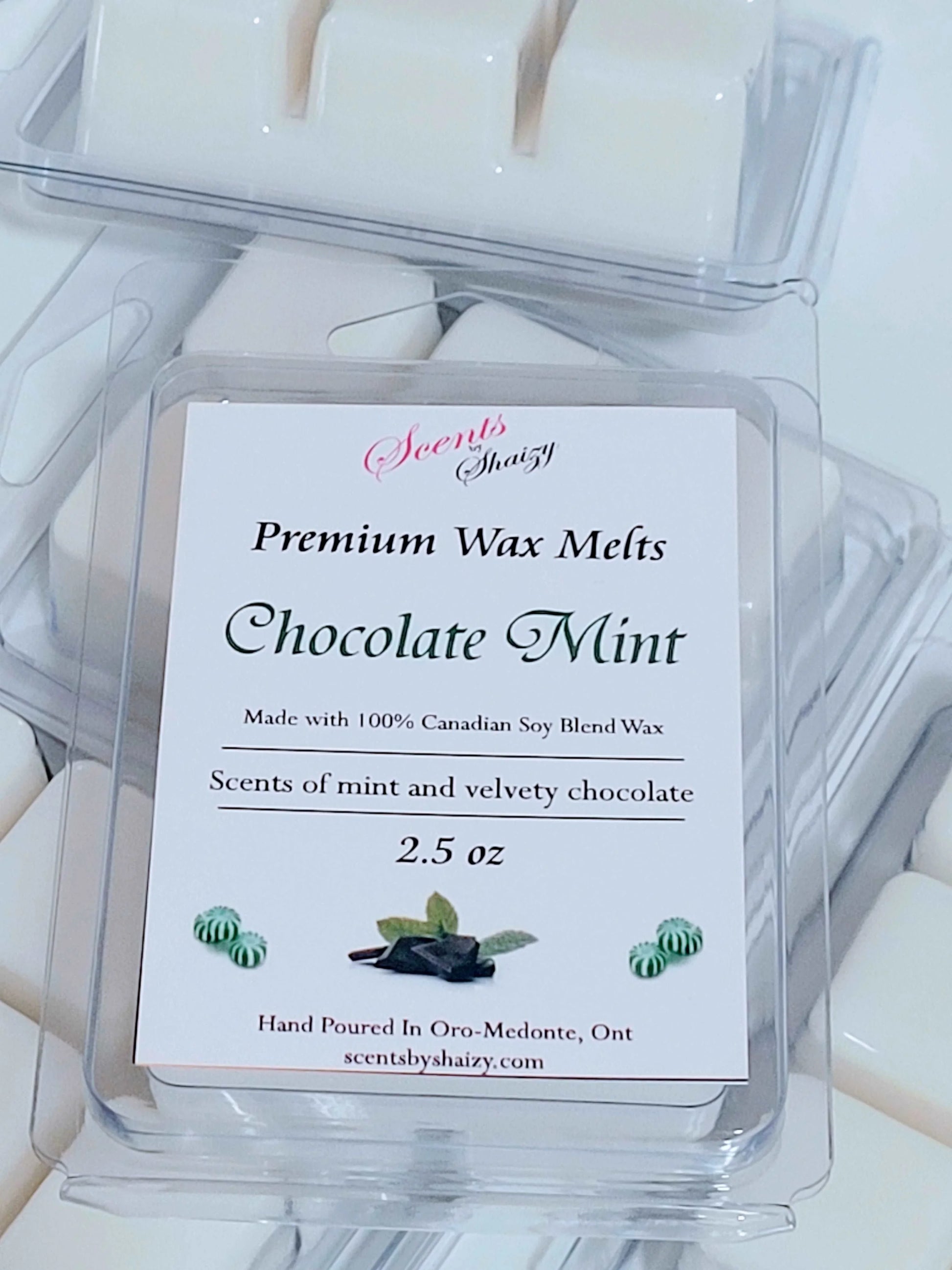 Chocolate Mint wax melt product - velvety chocolate crisp peppermint scent - handcrafted Canadian soy blend wax melts