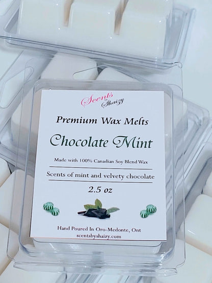 Chocolate Mint wax melt product - velvety chocolate crisp peppermint scent - handcrafted Canadian soy blend wax melts