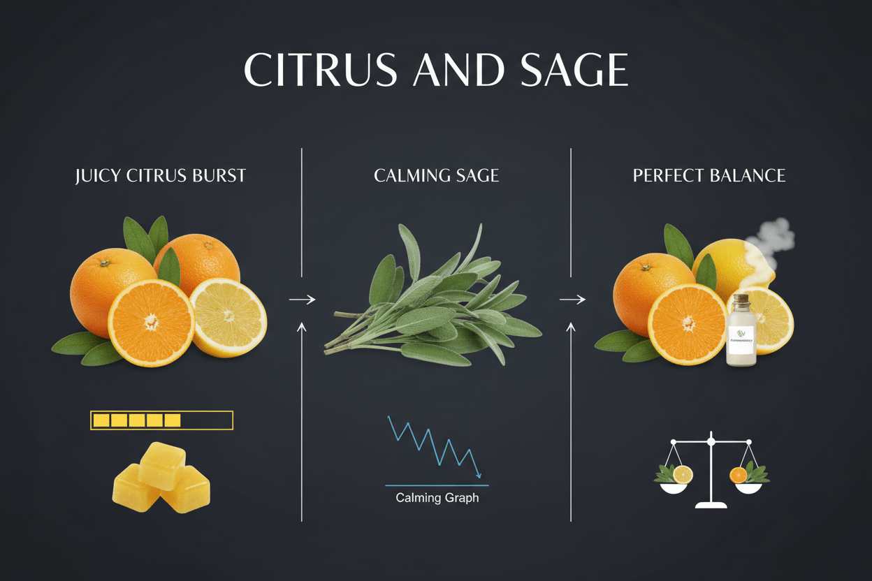 Citrus and Sage scent profile - orange lemon sage aromatherapy fragrance notes - luxury artisan wellness wax melts Canada