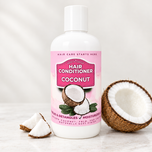 Coconut Hair Conditioner with a clean backdrop and coconut styling