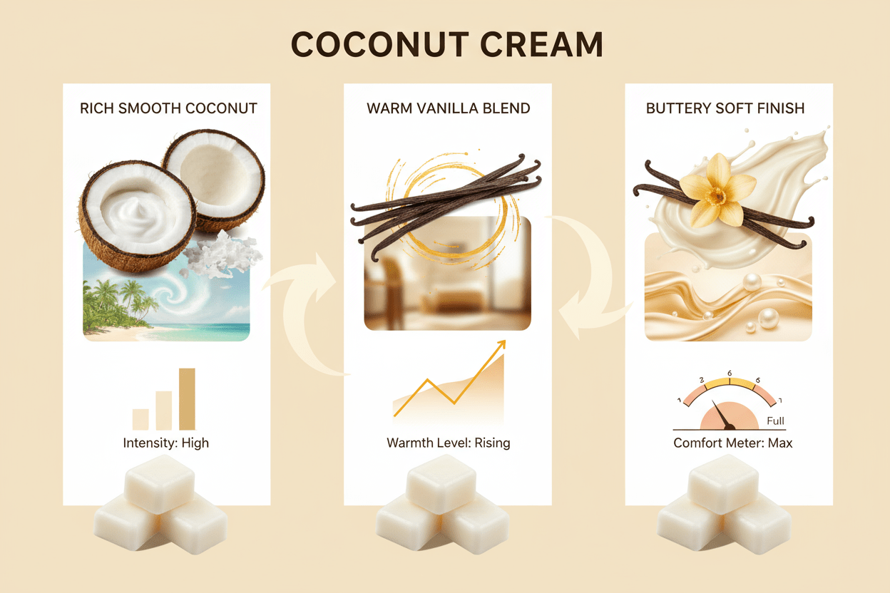 Crazy Coconut scent profile - creamy coconut warm vanilla fragrance notes - luxury artisan tropical wax melts Canada