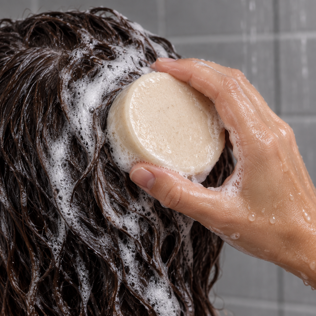 Cream shampoo bar being used on wet hair in a shower