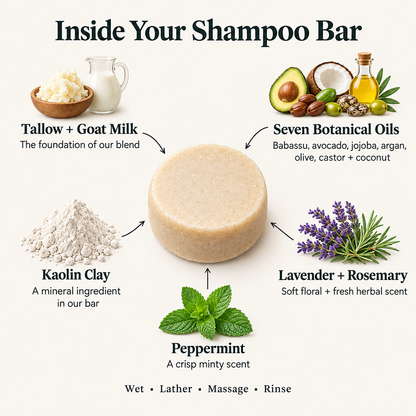 Cream shampoo bar with ingredient illustrations and arrow callouts