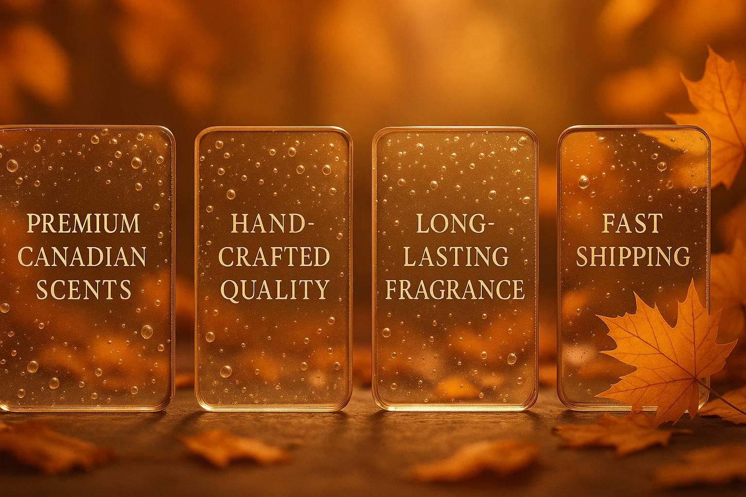 Fall-themed banner with glass bubble cards containing text