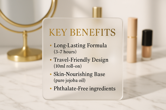 Glass-style Key Benefits card on makeup vanity
