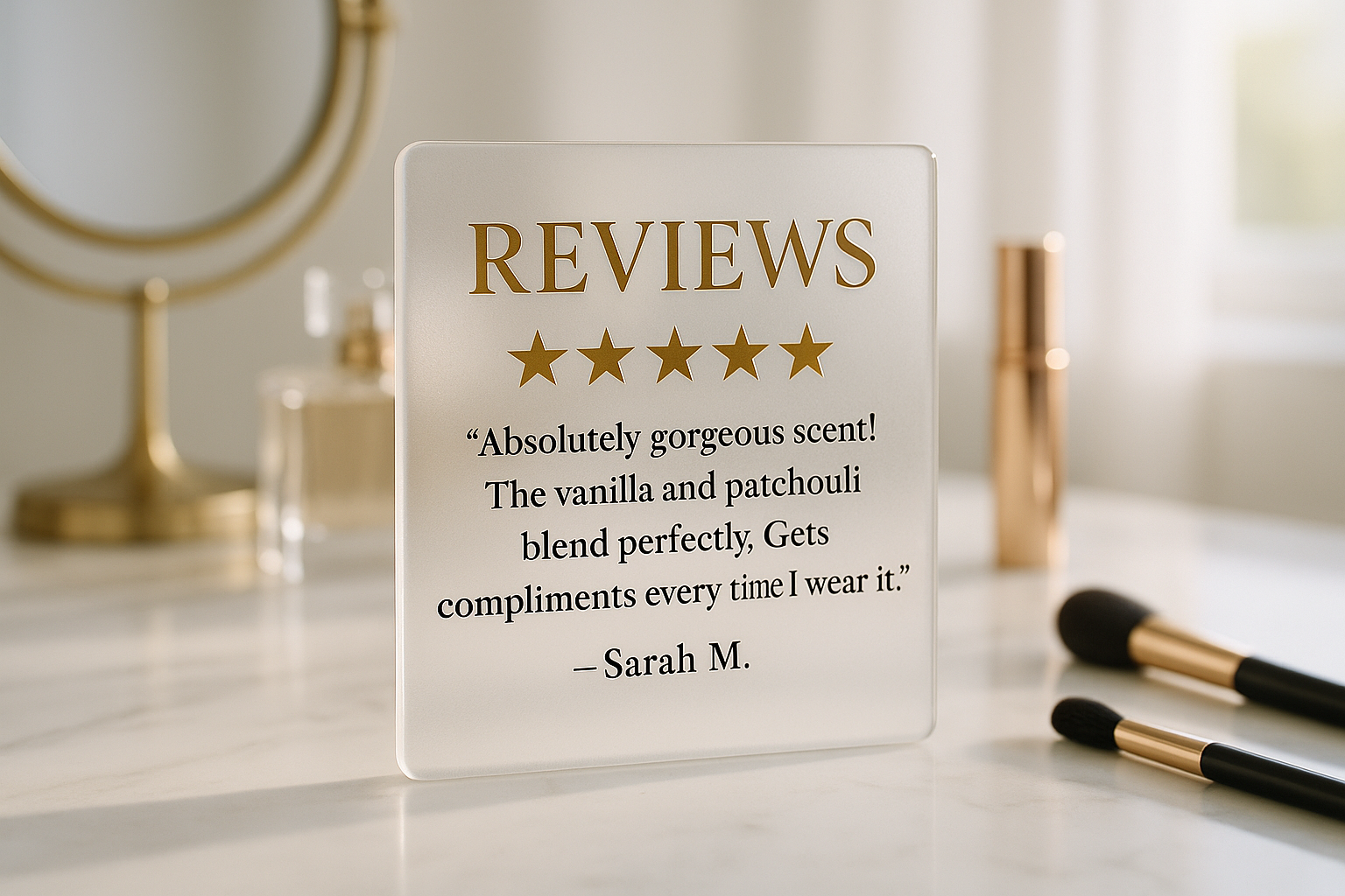 Glass-style Reviews card on makeup vanity