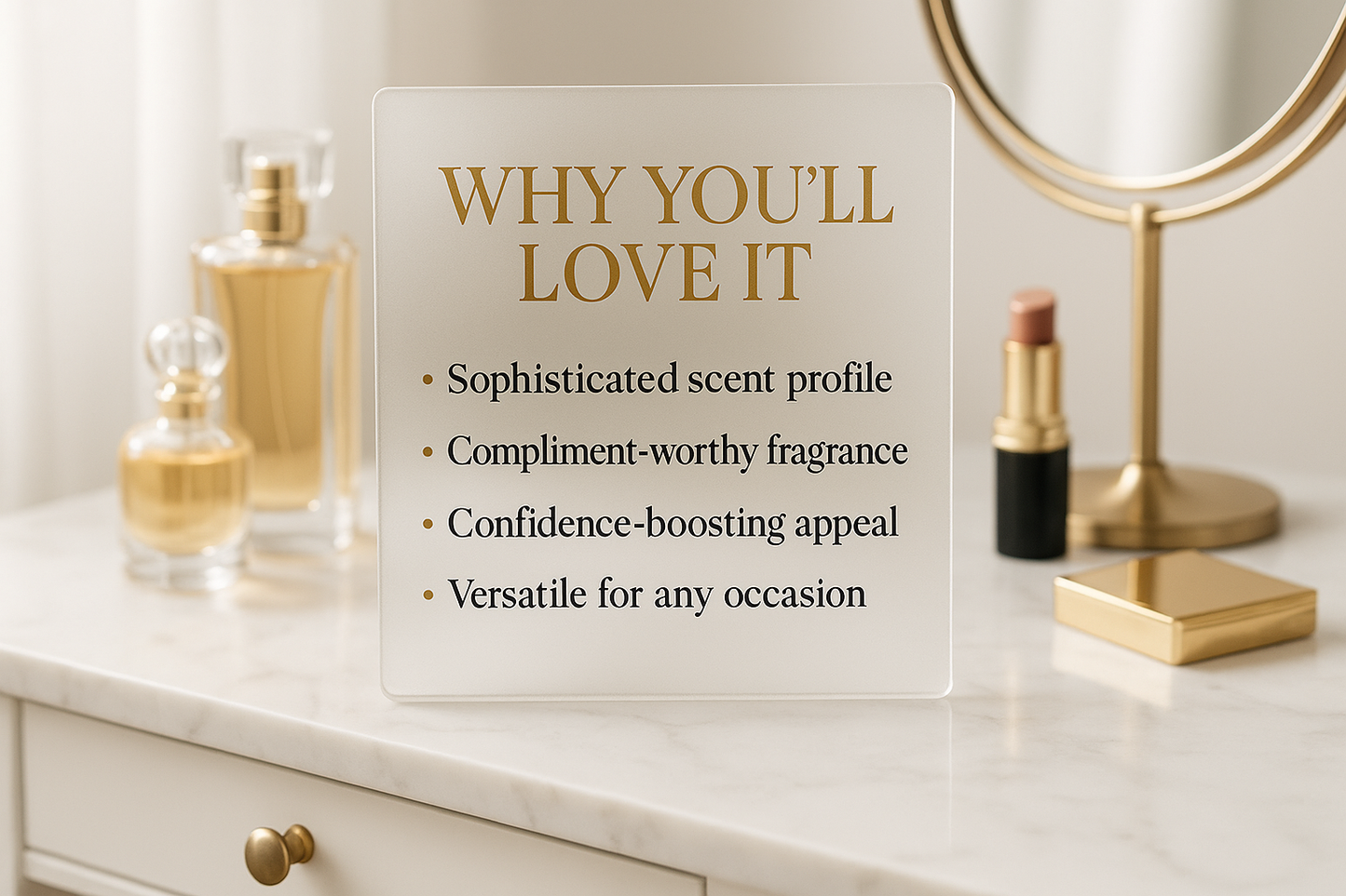 Glass-style Why You'll Love It card on makeup vanity