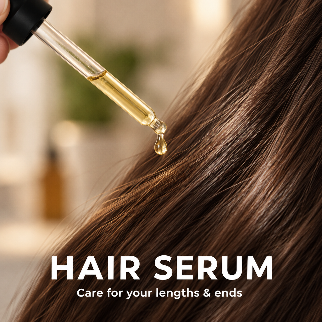Hair serum dropper close-up with bold product-purpose text