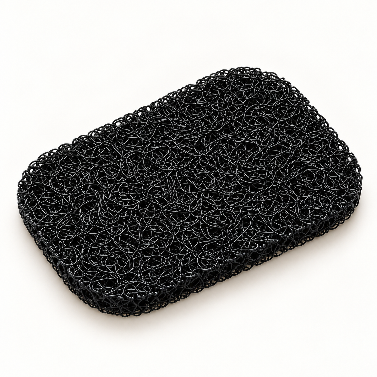 Black rectangular soap saver pad with an open, porous texture on a white background.