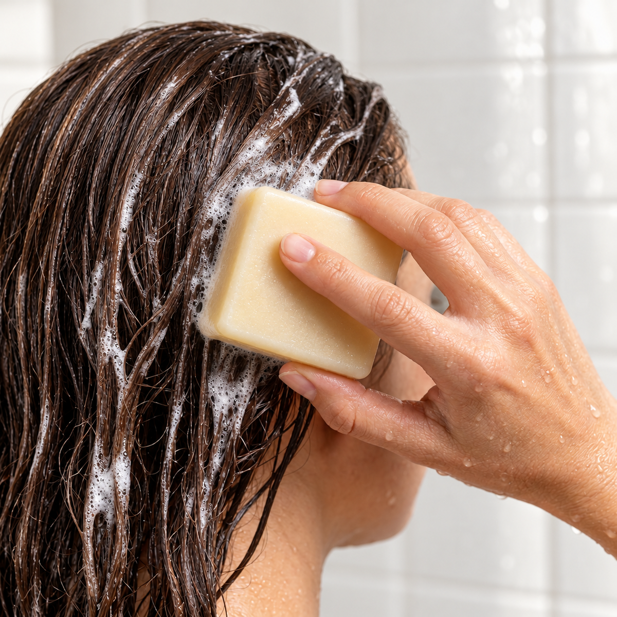Woman holding a square pale-yellow shampoo bar against her wet brunette hair with soap lather.