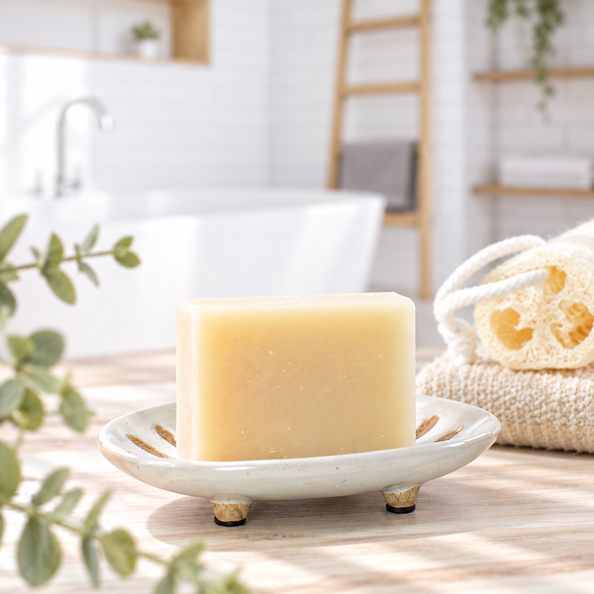 Hair Therapy shampoo soap bar on a white soap dish beside towels and a loofah in a bright bathroom.