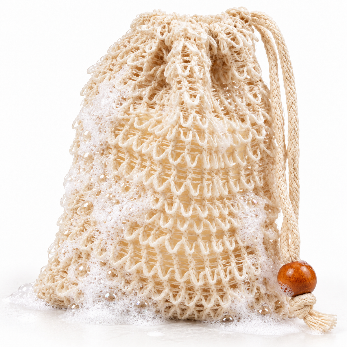 Drawstring soap saver bag with a wooden bead and soap lather.