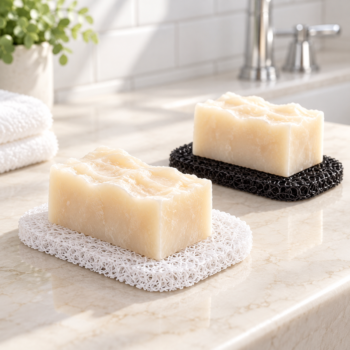 White and black open-textured soap saver pads, each shown holding a soap bar beside a sink.