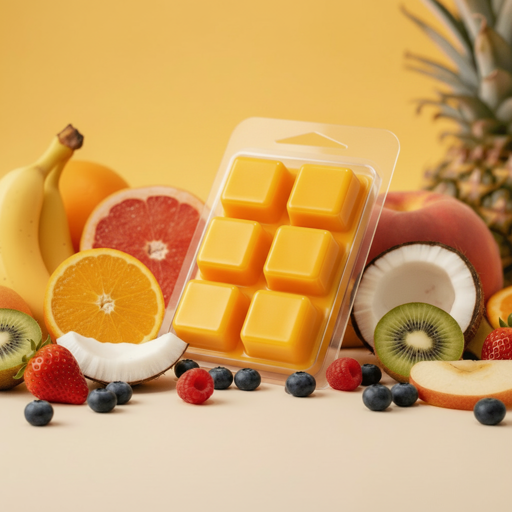 Monkey Farts yellow wax melt clamshell angled view with tropical fruits — banana, grapefruit, kiwi, coconut, raspberry, strawberry by Scents by Shaizy Canada