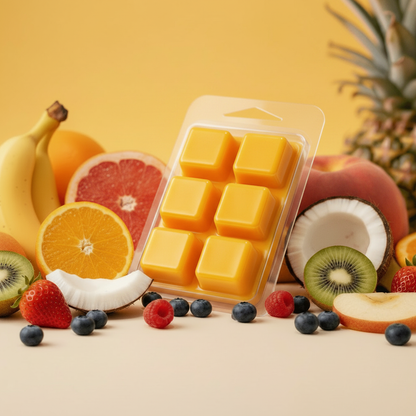 Monkey Farts yellow wax melt clamshell angled view with tropical fruits — banana, grapefruit, kiwi, coconut, raspberry, strawberry by Scents by Shaizy Canada