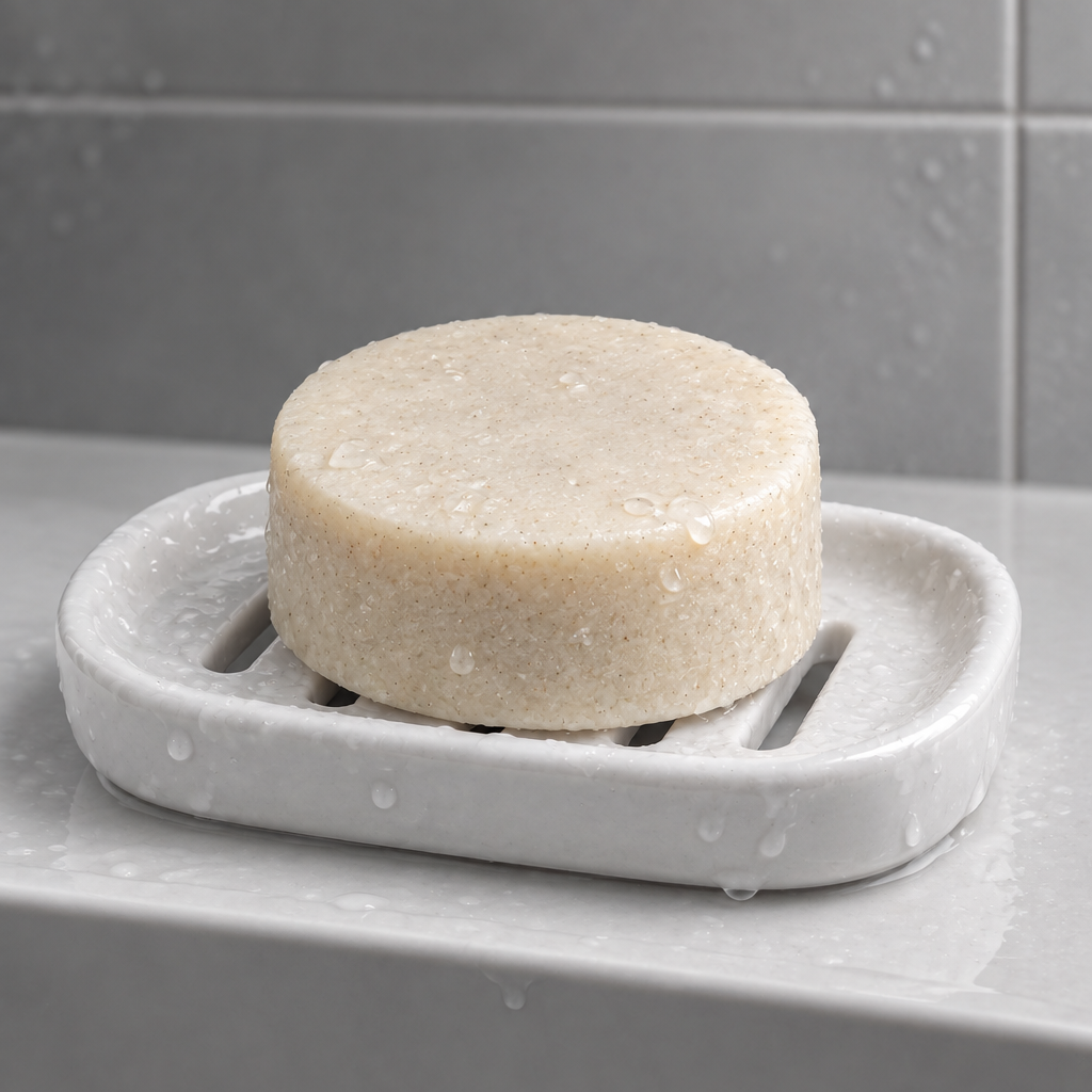 One cream shampoo bar on a white draining soap dish in a clean shower setting
