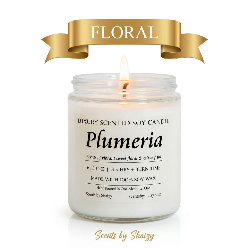 Plumeria candle with a gold FLORAL ribbon