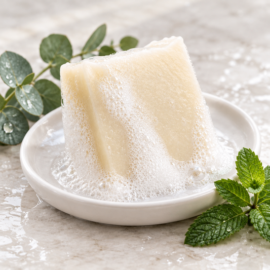 Square soap-dish composition using the original chunky bar proportions