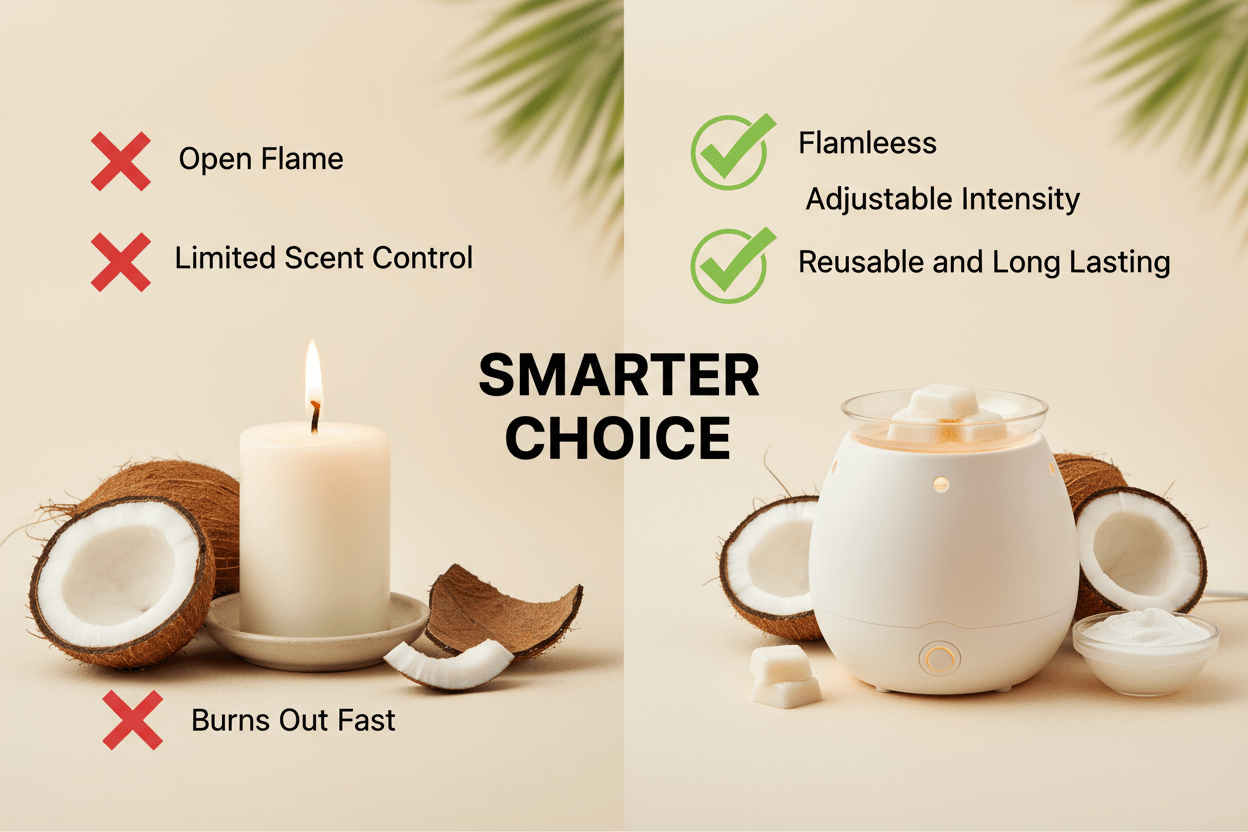 Why wax melts win - Crazy Coconut flameless fragrance benefits - safer than candles Canadian premium wax