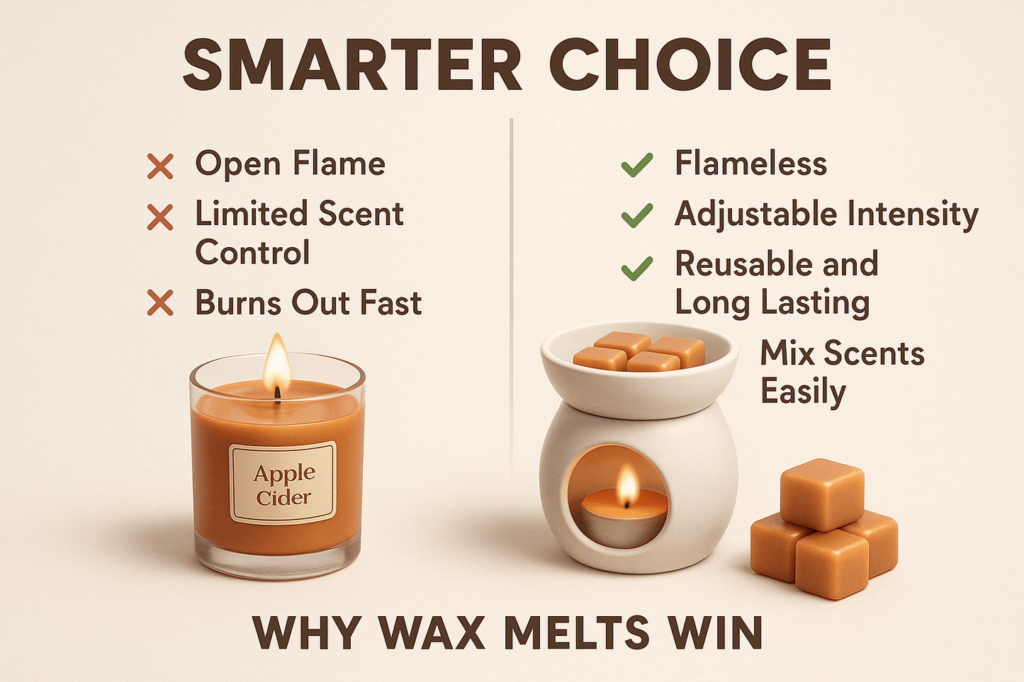 Why wax melts win - Apple Cider flameless fragrance benefits - safer than candles Canadian premium wax